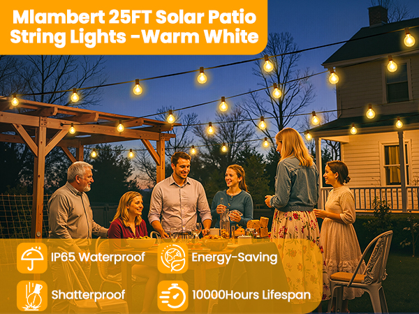 MLambert 25FT Solar Powered Outdoor Patio String Lights Warm White