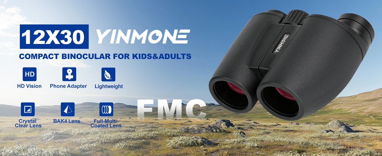 YINMONE 12X30 Compact Binocular with Phone Adapter FMC Lens BAK4 Prism HD Binocular