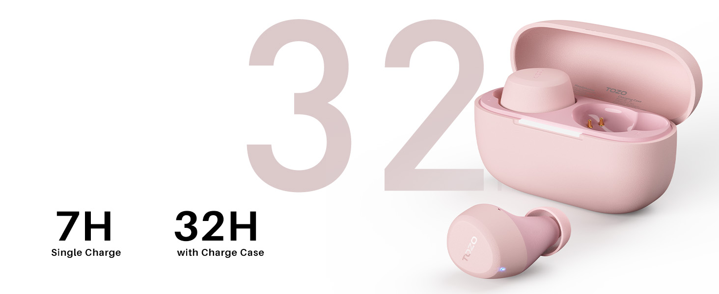 TOZO A1 earbuds with charging case showing 7 hours single charge and 32 hours total battery life