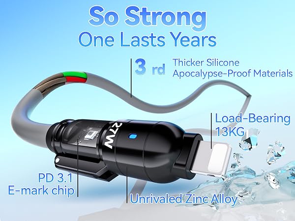 Text reads 'So Strong', 'One Lasts Years', '3rd', 'Thicker Silicone', 'Apocalypse-Proof Materials', 'Load-Bearing', 'PD 3.1', 'E-mark Chip', 'Unrivaled Zinc Alloy'. Shows black charging cable with technical specifications.
