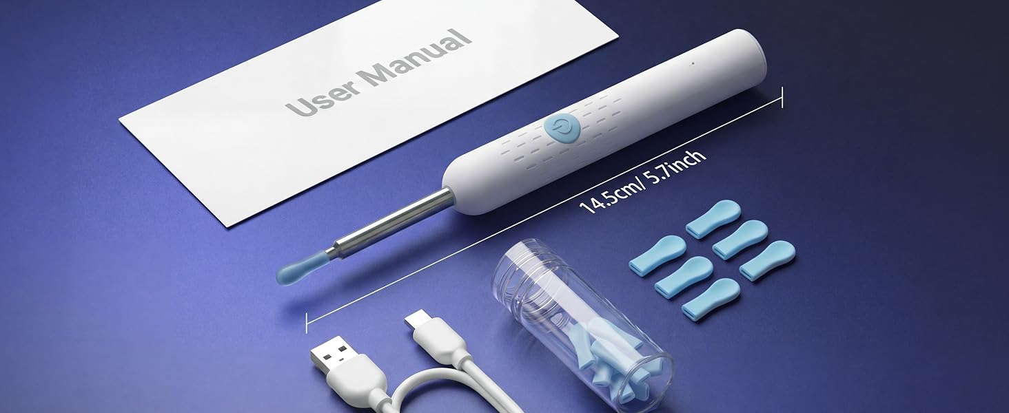 5.7 inch ear wax cleaner tool set including user manual, Type-C cable and silicone ear picks.