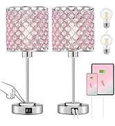 Pink Crystal Table Lamp Set of 2, Bedside Table Lamps 3-Way Dimmable Touch Nightstand Lamp with U...
