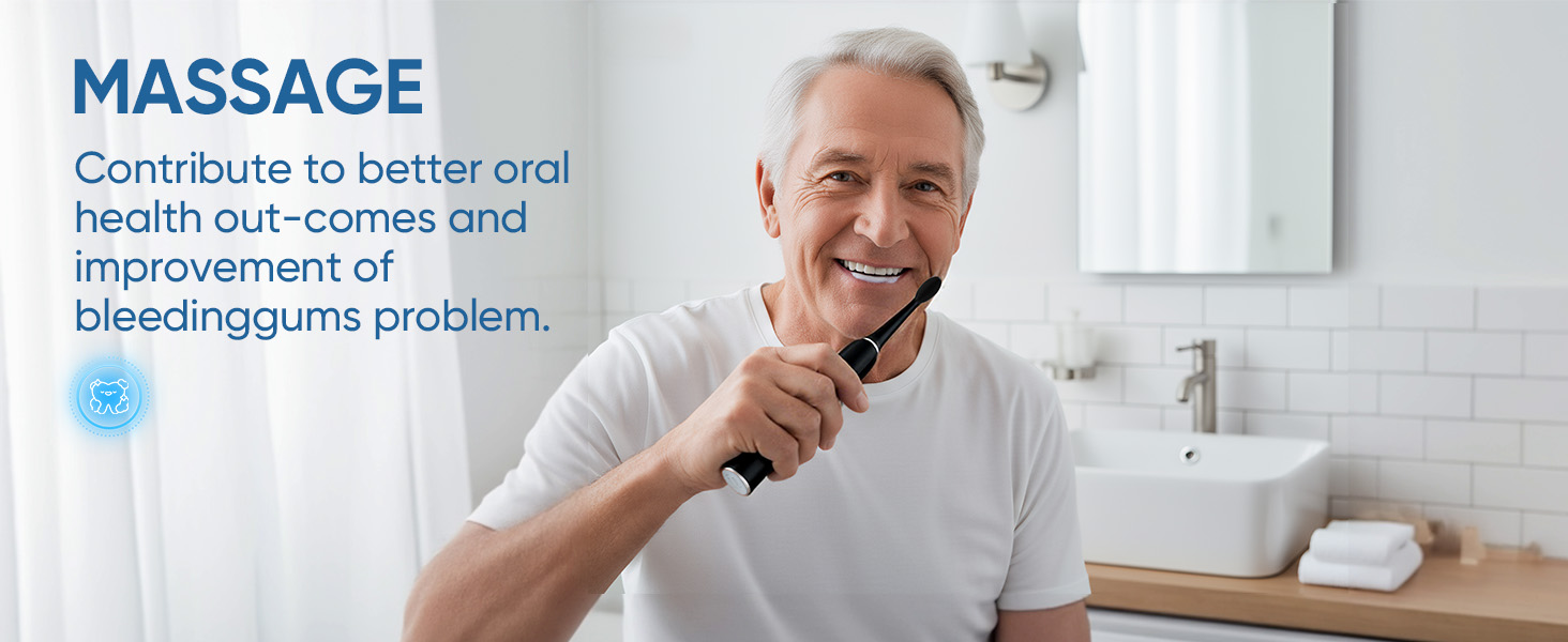 Text reads: 'MASSAGE Contribute to better oral health out-comes and improvement of fixed/aligned problem'. Bathroom setting with sink and white walls visible.