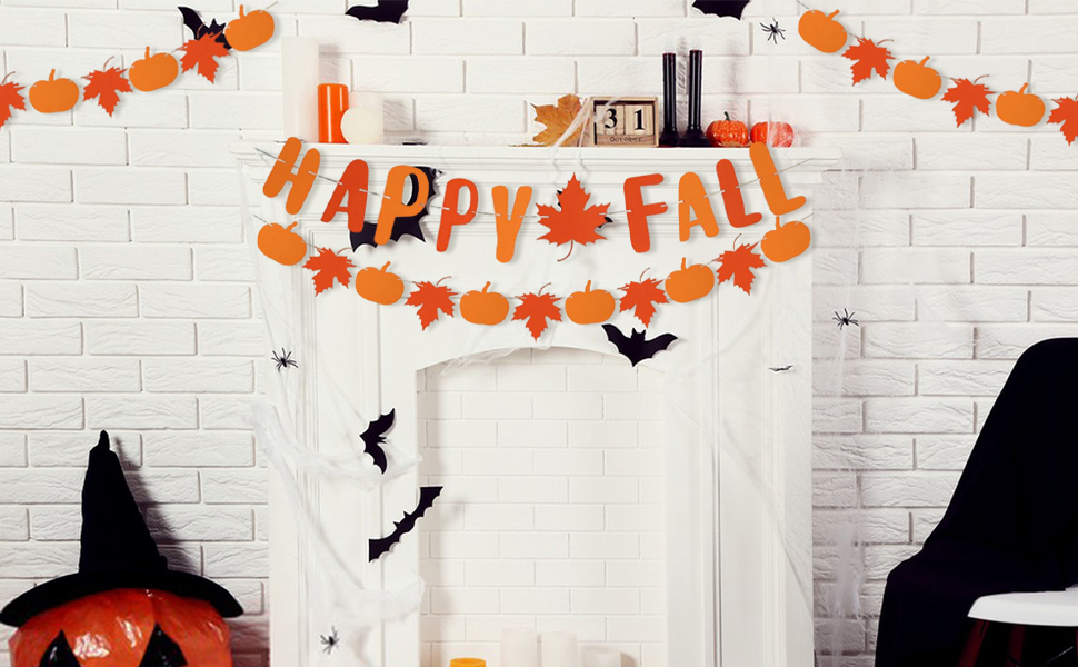 Text reads 'HAPPY FALL' banner with orange pumpkin garland decorations strung across white brick wall. Black bat decorations visible in scene.
