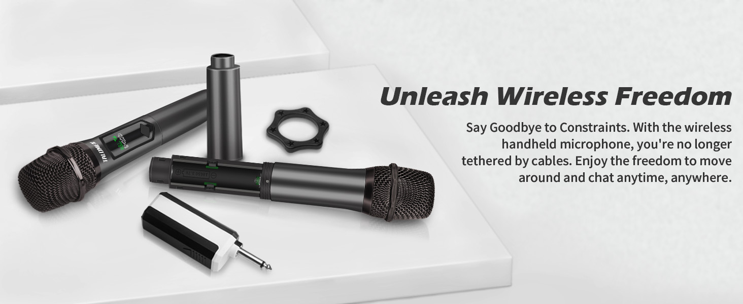Wireless handheld microphones with detachable receiver. Black metal construction with mesh grilles. Includes wireless transmitter and audio jack for connection.
