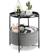 danpinera Round Side Table with Fabric Storage Basket, Metal Side Table Small Bedside Table Night...