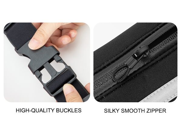 Close-up product details showing black high-quality buckle mechanism and smooth zipper component with textured pull tab.