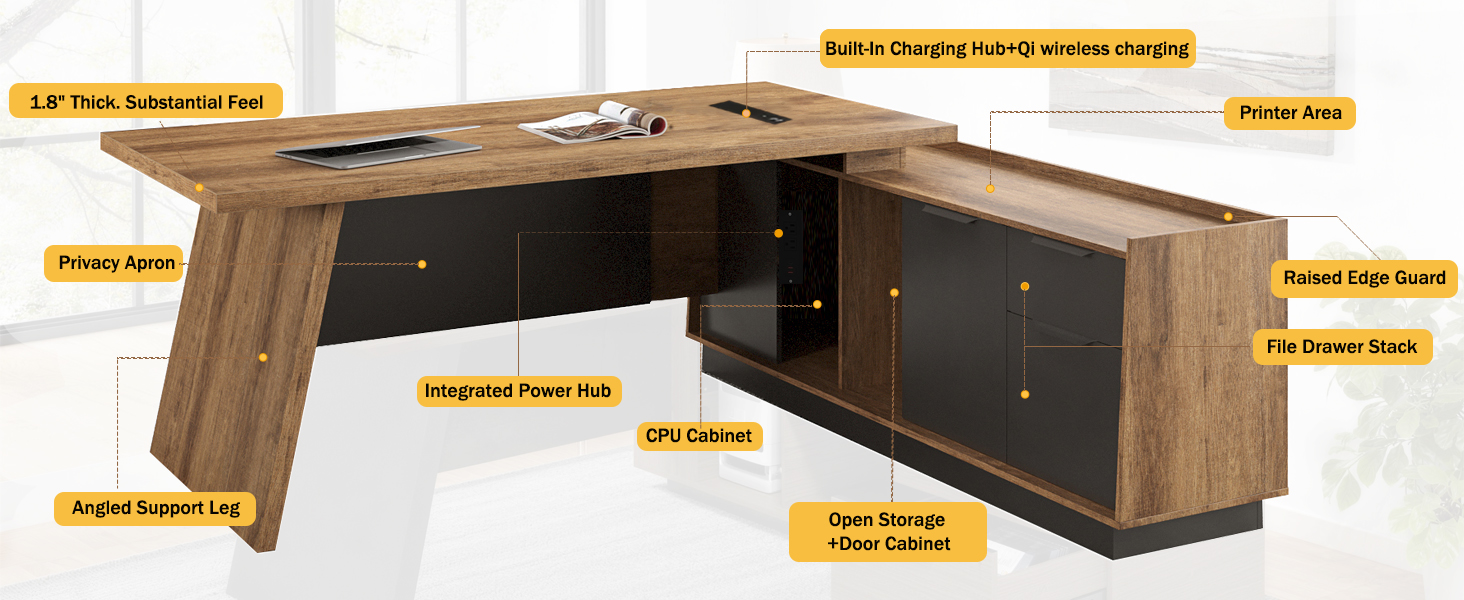 Luxury L Shaped Office Desk with Charging Station &amp;amp; Wireless Charger