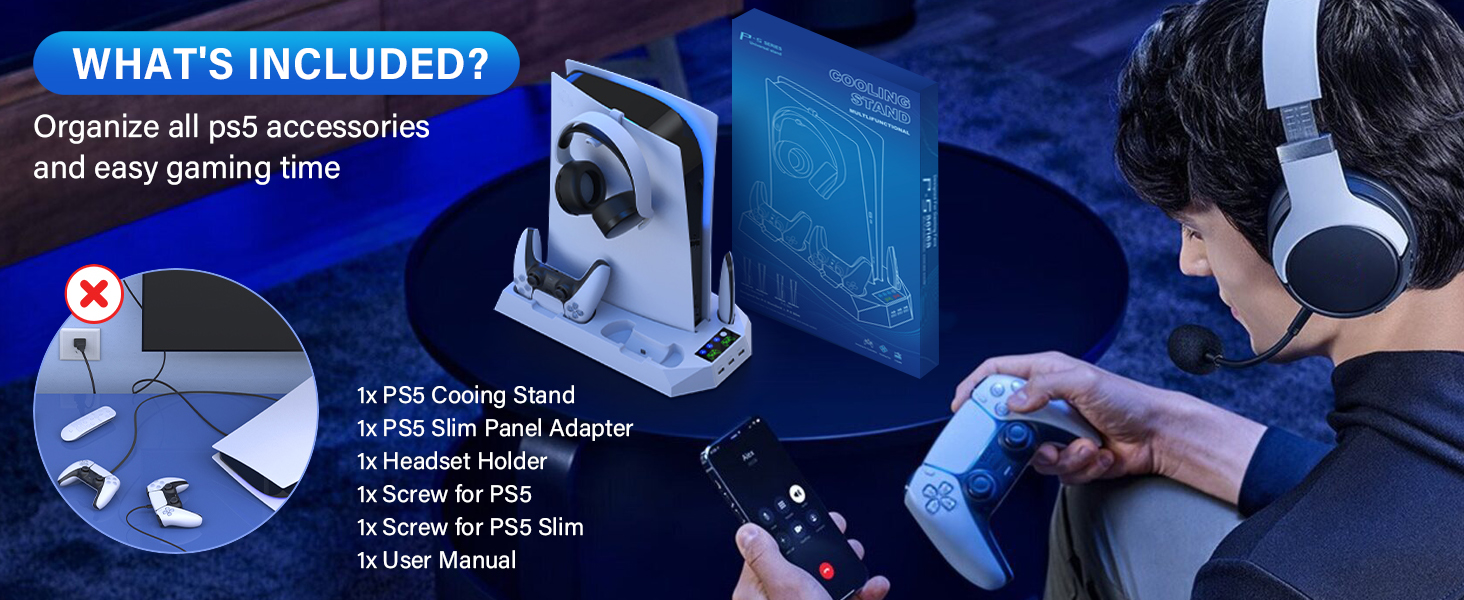 ps5 slim cooling stand with controller charging station and cooling fan