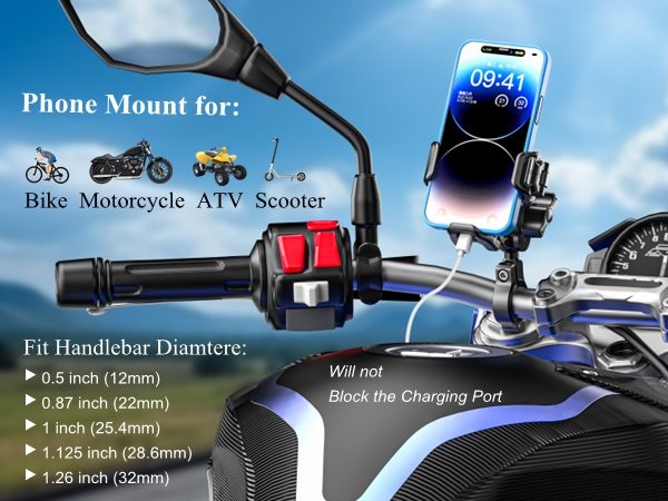 Motorcycle phone mount for bike bicycle atv scooter