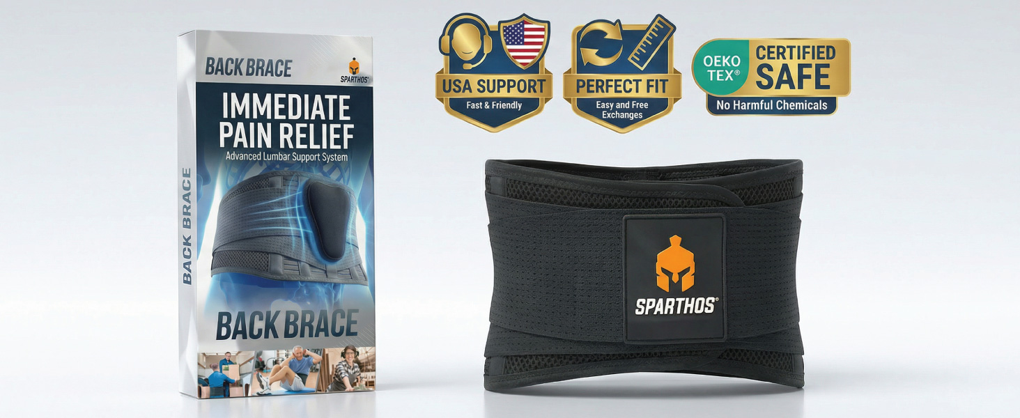 Sparthos premium lower back brace next to packaging and quality trust badges for guaranteed relief