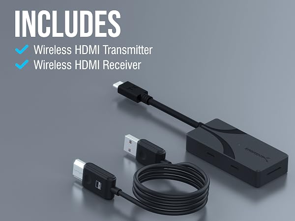 Text reads: 'INCLUDES Wireless HDMI Transmitter Wireless HDMI Receiver'. Product components shown against blue-gray background.