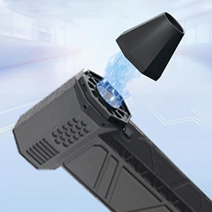 Handheld electronic device with textured grip, emitting blue light from one end. Appears to be a personal grooming or styling tool with a detachable cap.