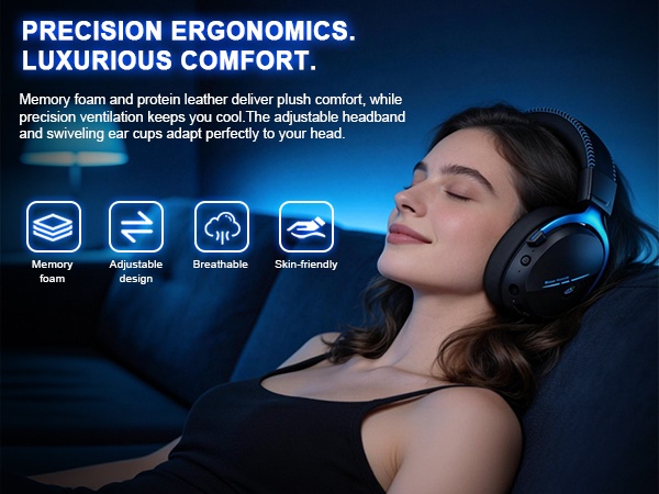 Text reads 'PRECISION ERGONOMICS. LUXURIOUS COMFORT.' Image shows person wearing blue over-ear headphones with memory foam padding. Icons display: Memory, Acoustics, Breathable, Skin-Friendly features.