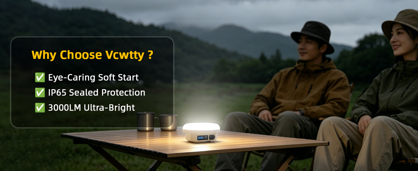 Camping lantern on an outdoor table highlighting eye-care, IP65, and 3000LM features