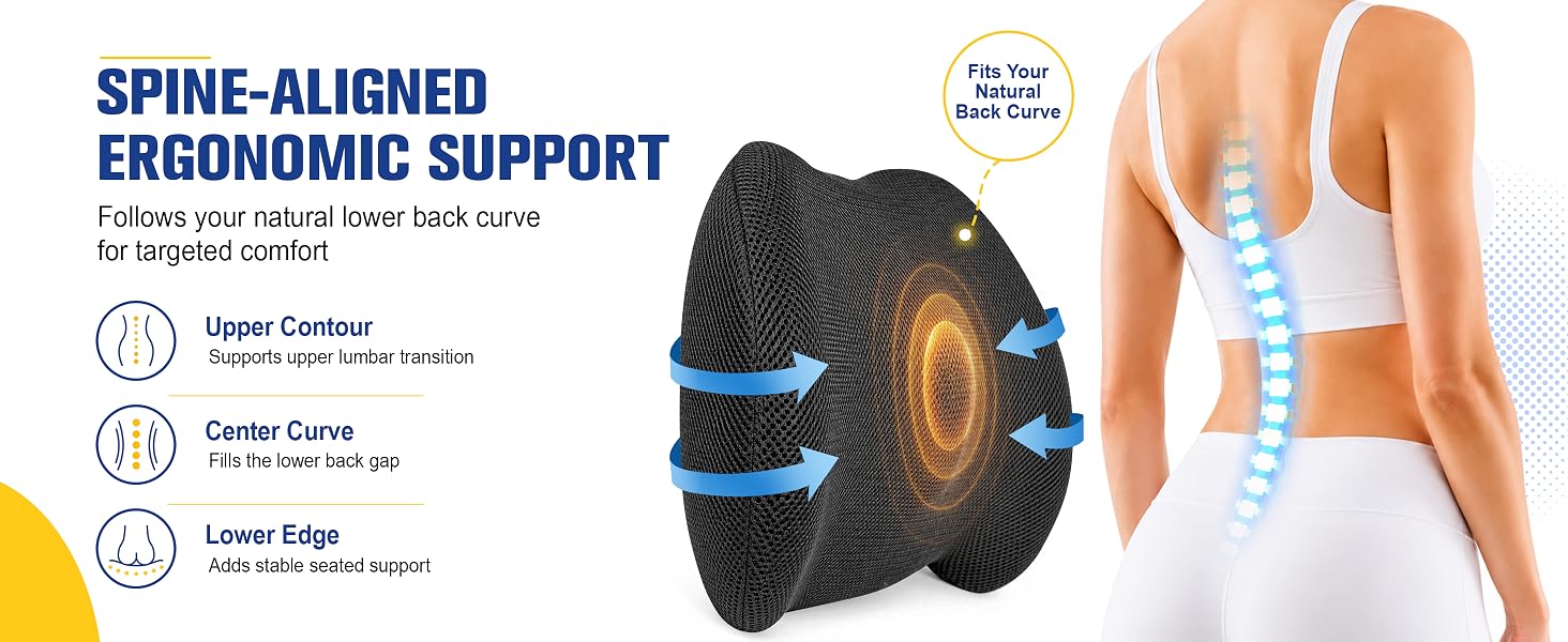 A lumbar pillow with spine-aligned contours supports natural lower back comfort.