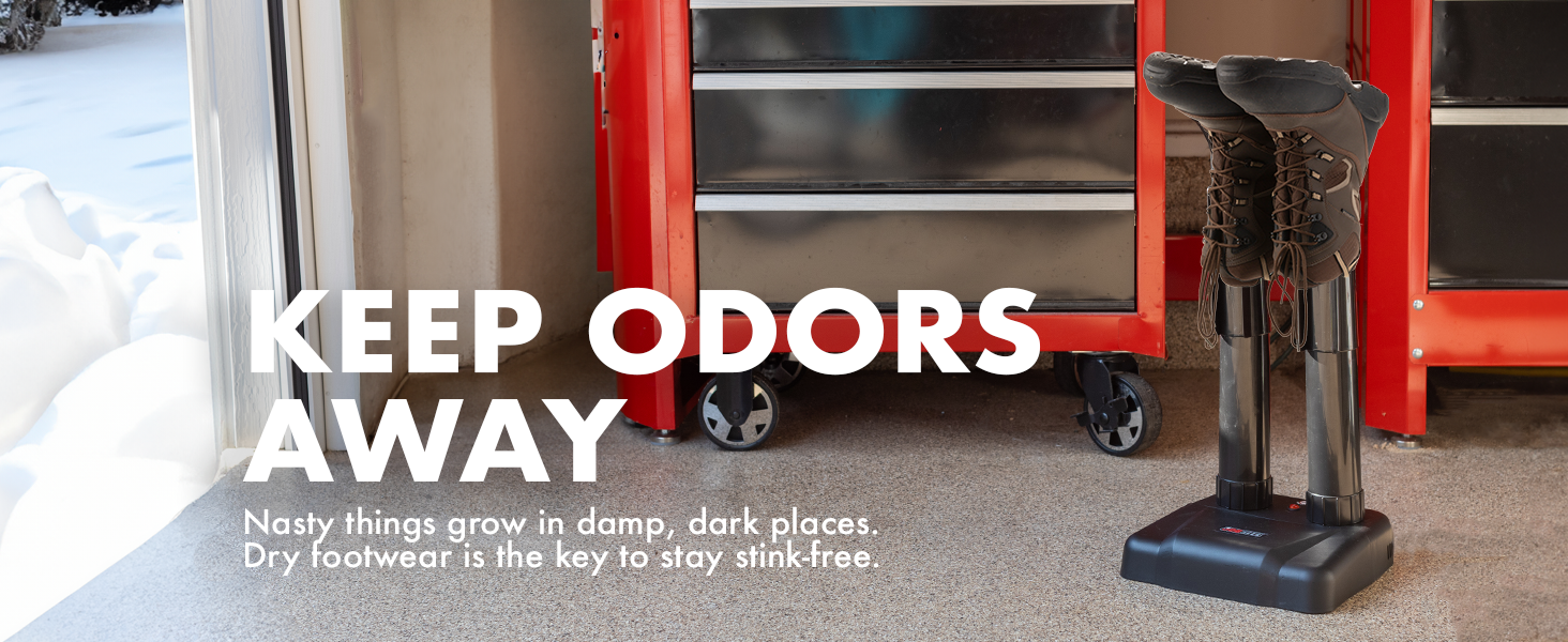 Boot dryers in garage. Text reads 