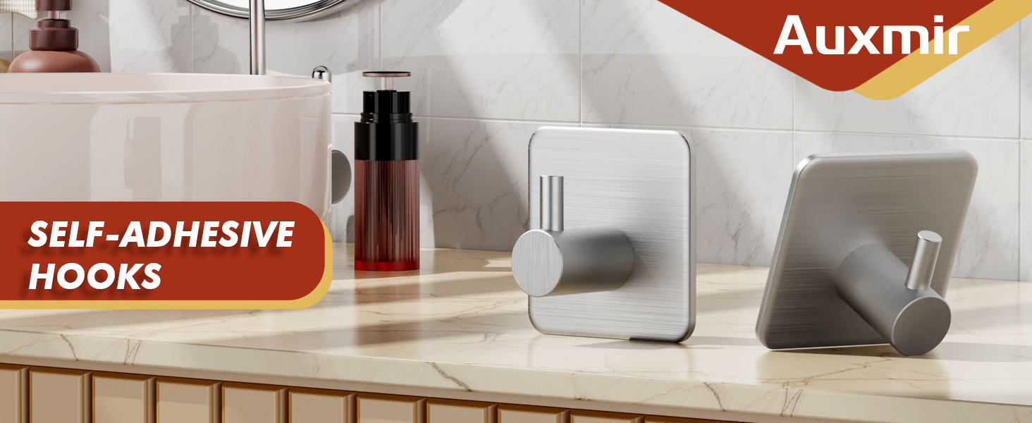 Auxmir self-adhesive wall hooks, damage-free bathroom towel hooks, no drill installation