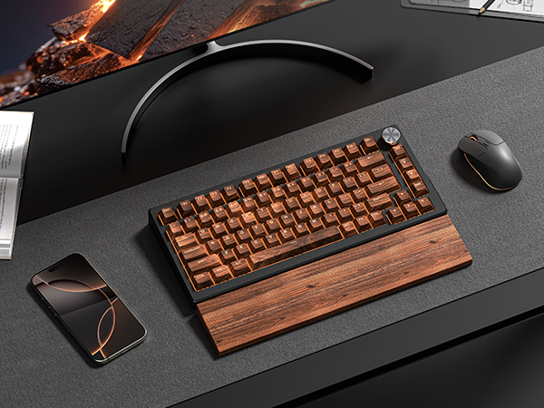 a keyboard with wooden - textured keycaps