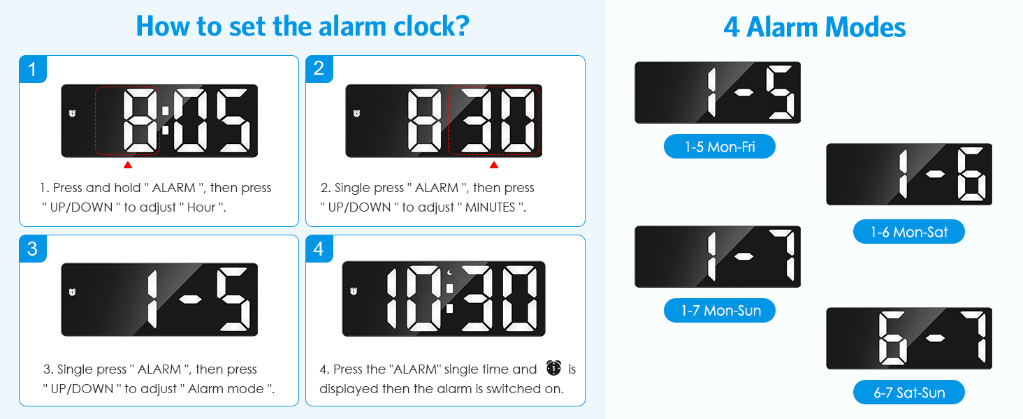 Digital Alarm Clock Large Display, LED Alarm for Bedroom, Type-C/Battery Powered Bedside Alarm Clock