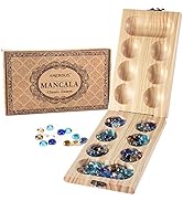 AMEROUS Wooden Mancala Board Game Set - Folding Board - Multi Color Glass Stones - Gift Package -...