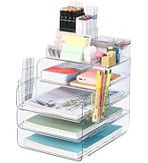 CiWiVOKi 5 Tier Office Organization and Storage, Clear PET Paper Letter Tray Holder, Stackable Fi...