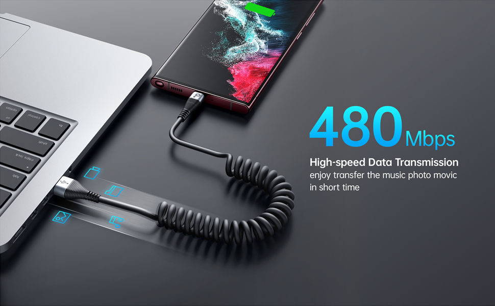 Coiled USB A to Type C Charge Cord for Car