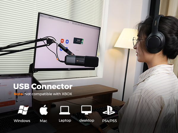 USB connectivity diagram showing device compatibility with Windows, Mac, laptop, desktop, and PS4/PS5 systems, excluding Xbox.