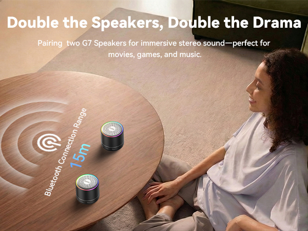 Text reads 'Double the Speakers, Double the Drama', 'Pairing Two GT Speakers for immersive stereo sound—perfect for game room, and more'. Woman using dual Bluetooth speakers with sound wave visualization.