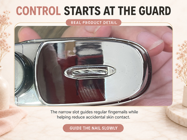 the narrow slot guides regular fingernails while helping reduce