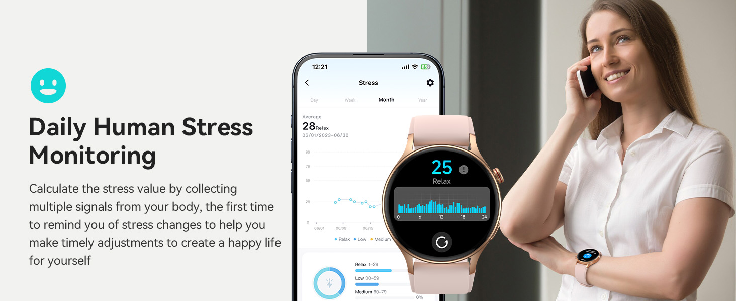 Smartwatch displaying stress monitoring interface. Woman in background using smartphone. Text describes daily human stress monitoring feature.