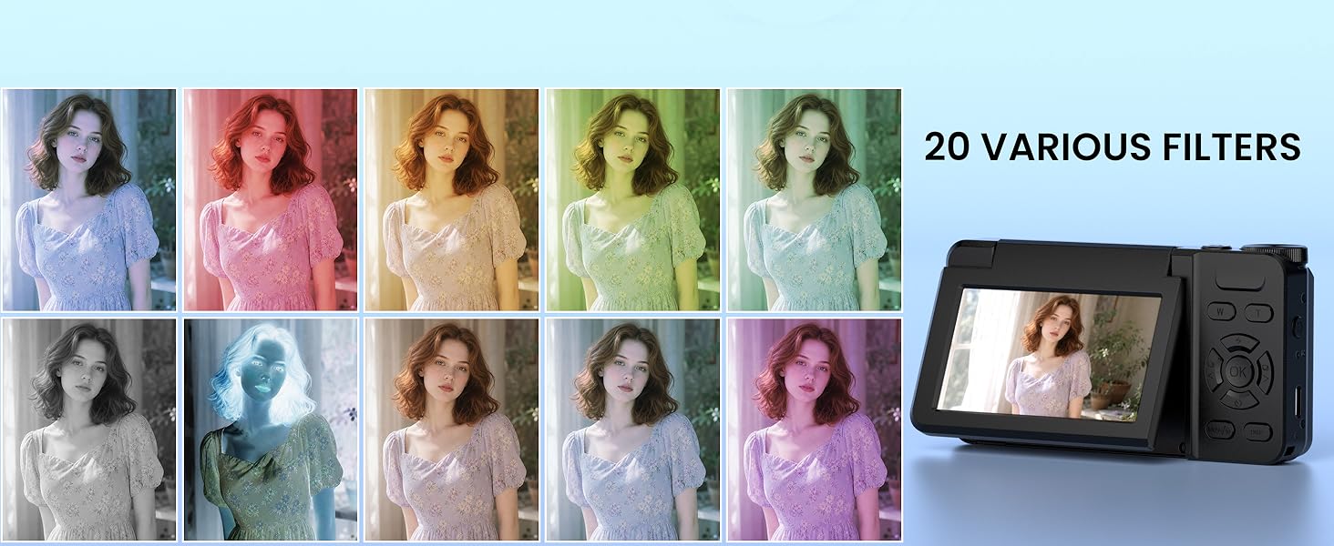 Text reads '20 VARIOUS FILTERS'. Grid display showing 20 different colored photo filters applied to portrait images with tablet displaying filtered video footage.