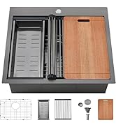 SHACO 25x22 Black Drop In Kitchen Sink, 25 Inch Topmount Stainless Steel Workstation Sink, Single...