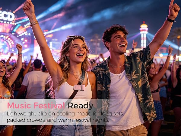 Portable clip-on fan for festival crowds, concerts, and warm summer nights