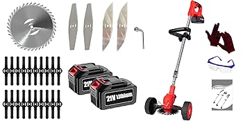 Assortment of power tools and accessories including circular saw blade, cutting discs, battery packs, red wheeled trimmer, and safety equipment like gloves and goggles.