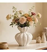 DecoVlog White Ceramic Vase, 8.2 Inch Modern Boho White Flower Vase for Home Decor, Unique Vase f...