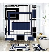 Onalasyc 4Pcs Blue Geometric Shower Curtain with Rugs Set Waterproof Blue Bathroom Sets with Show...