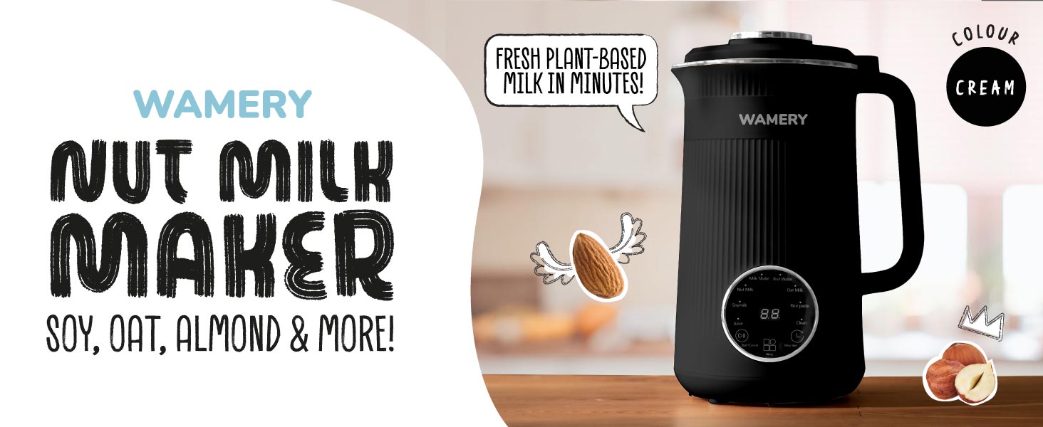amery Nut Milk Maker in black, for almond, soy, oat, and plant milk.