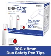 ONE-CARE Duo Safety Pen Tips 30G x 5/16'' (8mm), Dual Shield Auto Protection, Universal Fit, Ster...