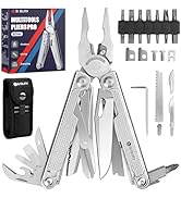Multi-tool kit featuring stainless steel pliers with multiple attachments, bits, and accessories displayed with packaging.
