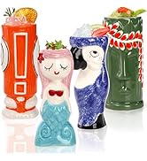 Peohud 4 Pack Ceramic Tiki Mugs, Exotic Tiki Glasses for Cocktails, Hawaiian Party Mugs, Tropical...
