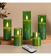Eywamage Green Glass Flameless Candles with Remote Batteries, Christmas LED Pillar Candles Flicke...