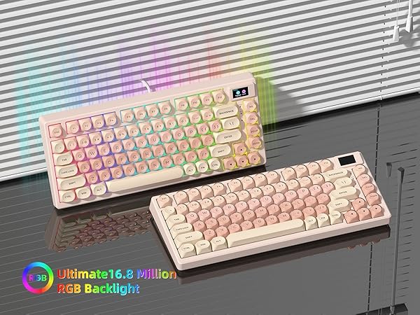 Pink Mechanical Gaming Keyboard 75% with Color Multimedia Display Jelly Keyboard Wired