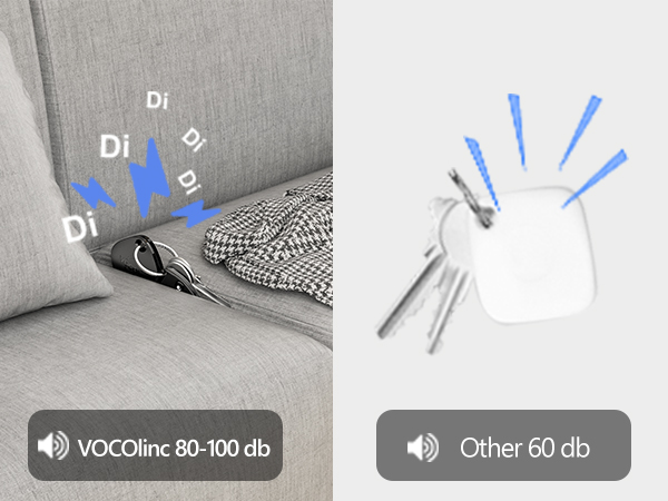 Split image comparing sound levels. Left: couch with 80-100 db label. Right: white device with 60 db label. Blue arrows indicate sound emission.