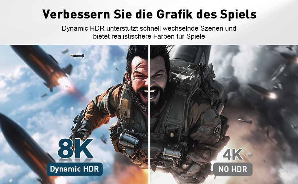 Split-screen comparison of video game graphics. Left side labeled '8K Dynamic HDR' shows sharper, more detailed image than right side labeled '4K NO HDR'.
