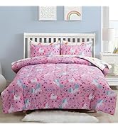 Btargot 5Pcs Pink Floral Unicorn Bedding Set for Girls Kids, Twin Size Rainbow Flower Unicorn Com...