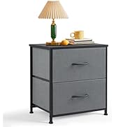Nightstand, Small 2 Drawer Dresser End Table Bedside Furniture, Wooden Top Fabric Bins for Bedroo...