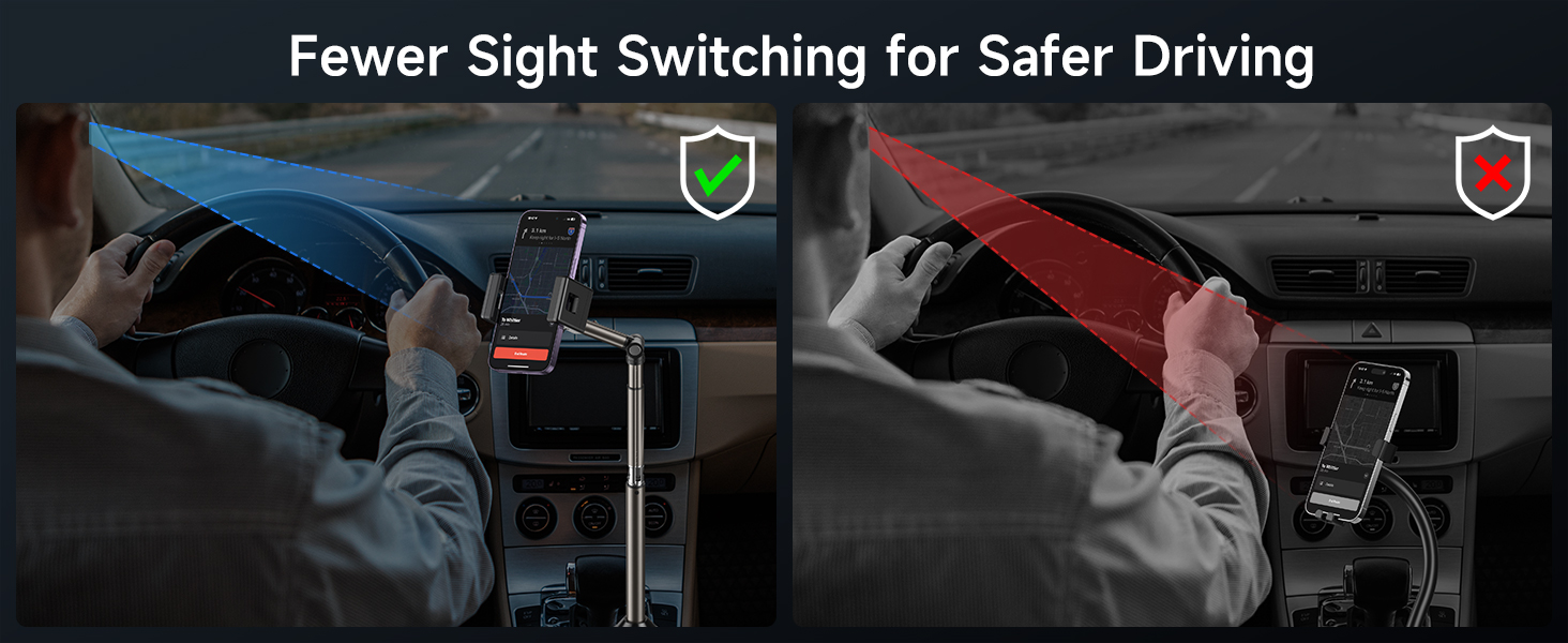 Split image comparing driver's hands on steering wheel and smartphone, illustrating contrast between safe driving and distracted driving.