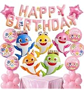 PartyWoo Baby Shark Family Foil Balloons 37pcs Baby Shark Family Pink Round Star Mylar Happy Birt...