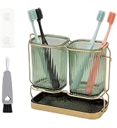 RISESAILS 2-Pack Green Toothbrush Holders with Drain Tray &amp; Brush - Wall Mount or Countertop Bath...